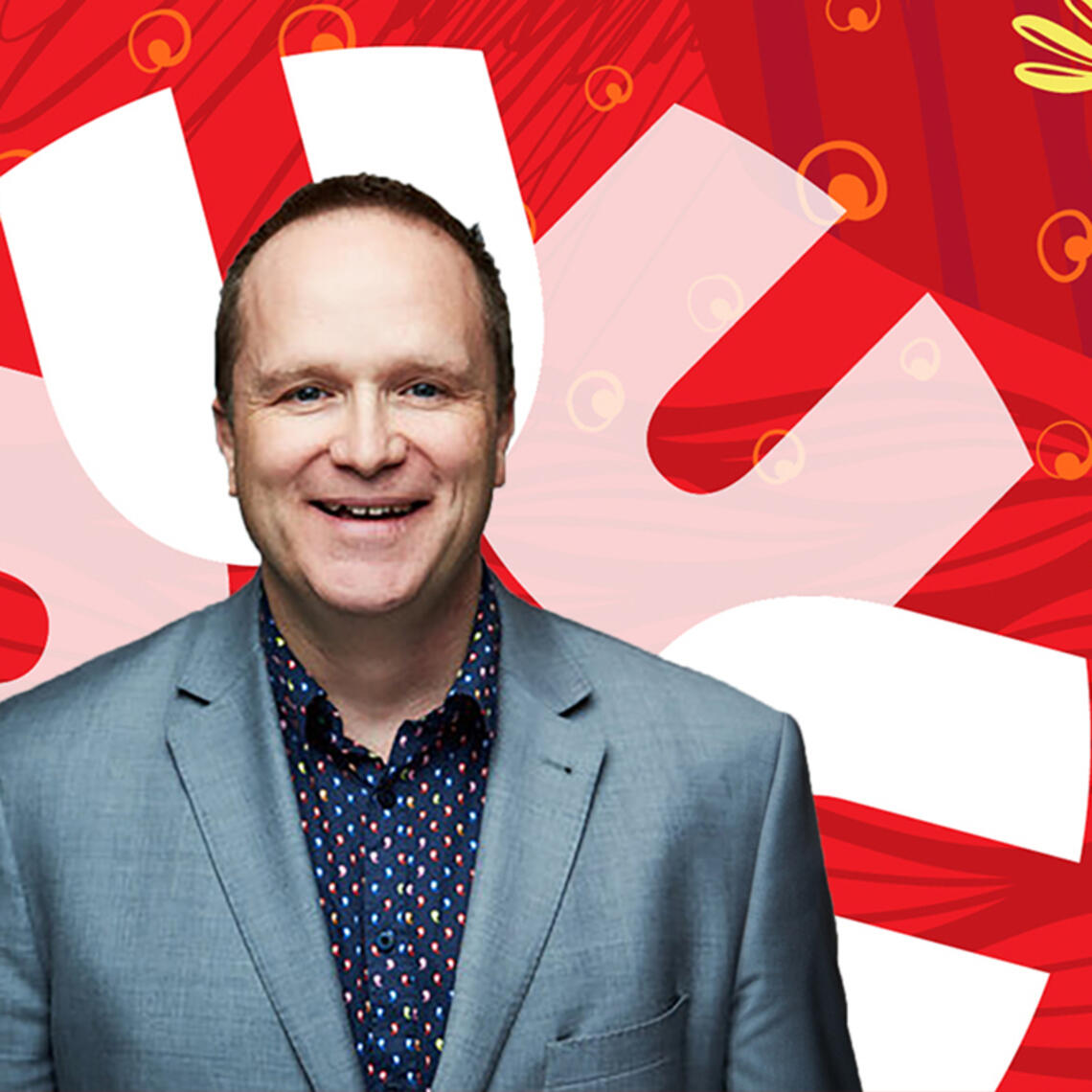 Trevor headshot on a UCalgary "spark" decorative background