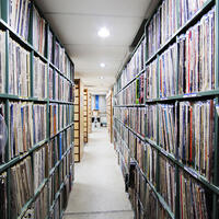 Row of books/records.